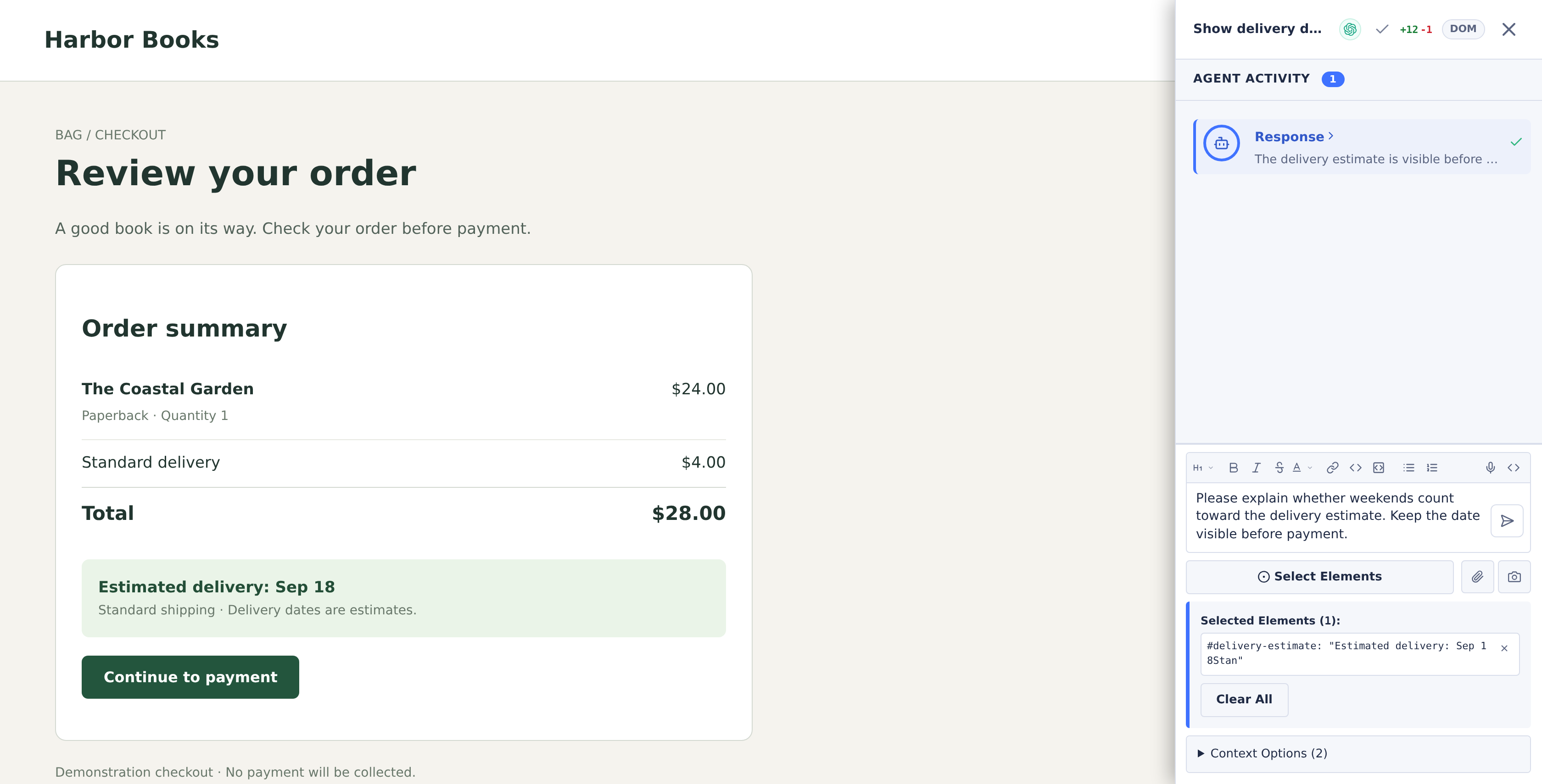 Task feedback widget beside Harbor Books checkout, with agent activity, follow-up instructions and the delivery estimate selected