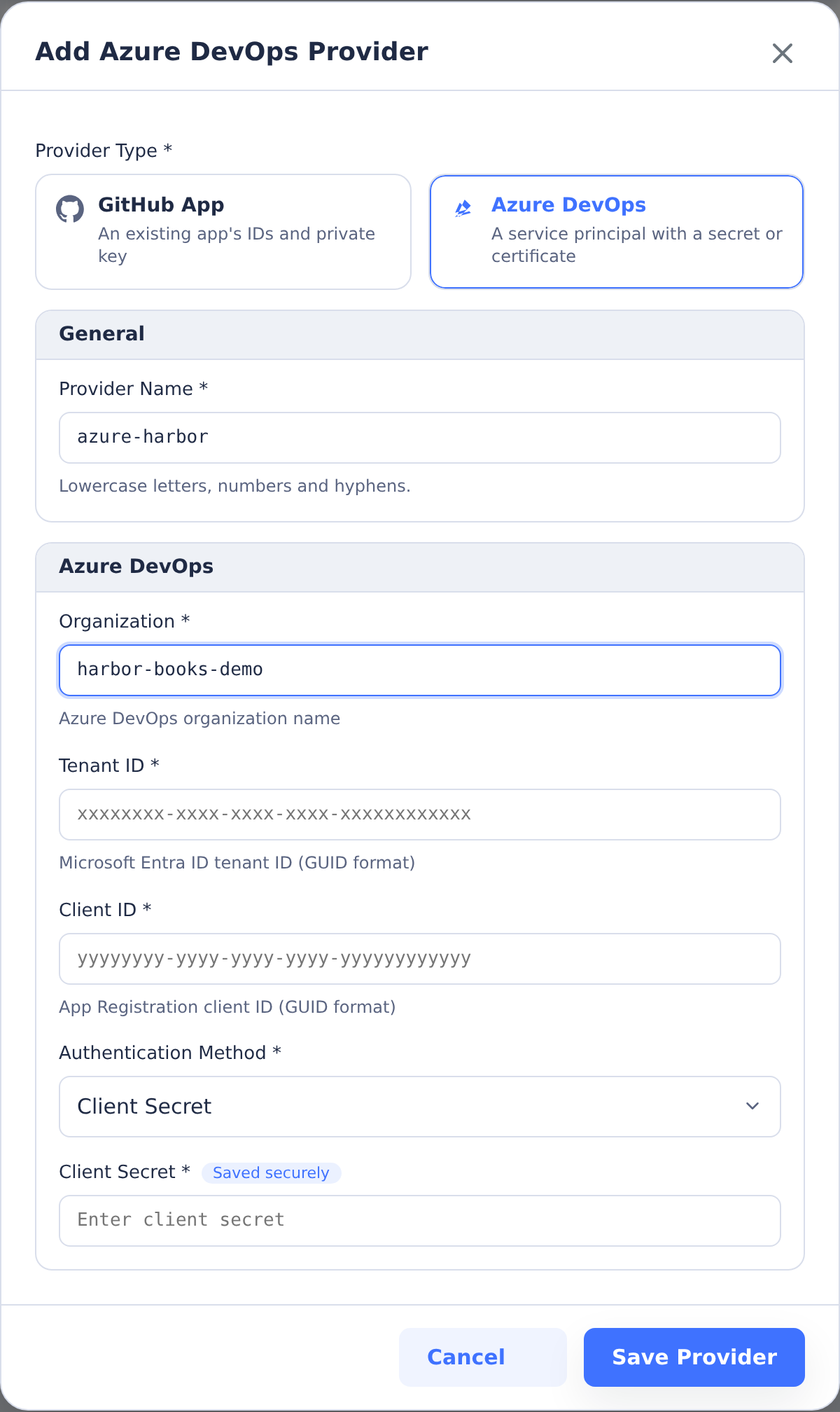 Azure DevOps provider form with Harbor Books organization and empty credential fields