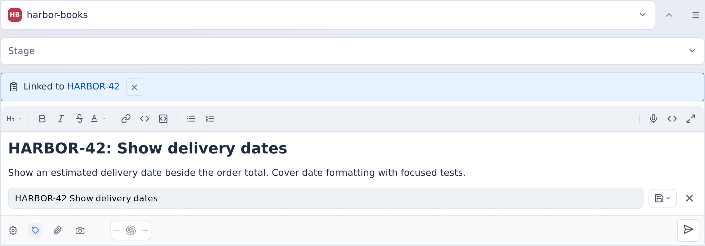 Task launcher with HARBOR-42 linked and imported delivery-date instructions