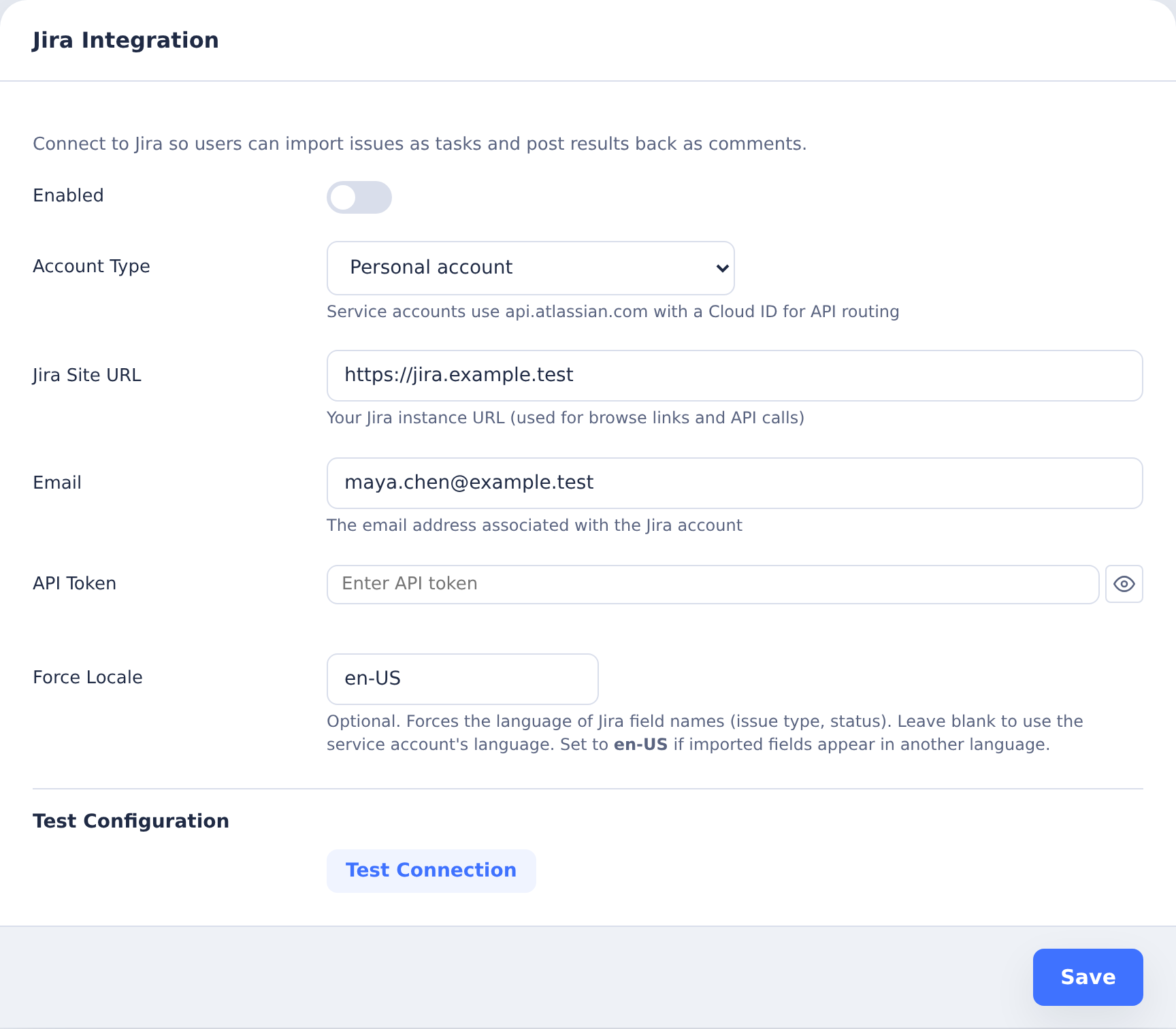 Jira settings with a demonstration site and Maya Chen account, empty API token and integration off