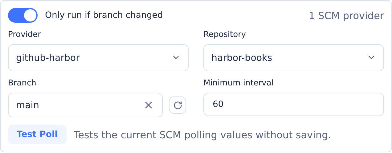 SCM polling controls for github-harbor, harbor-books main branch and a 60-second minimum interval