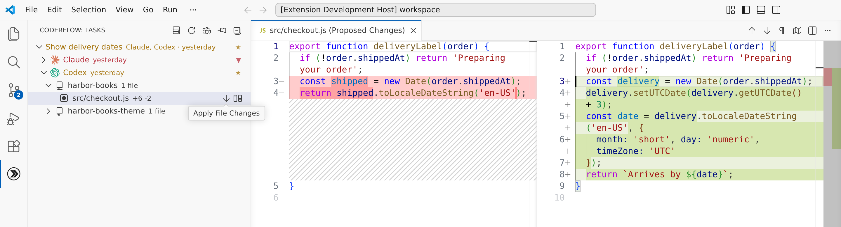 Local checkout file and proposed delivery-date changes side by side in desktop VS Code, with Apply File Changes highlighted on the file row